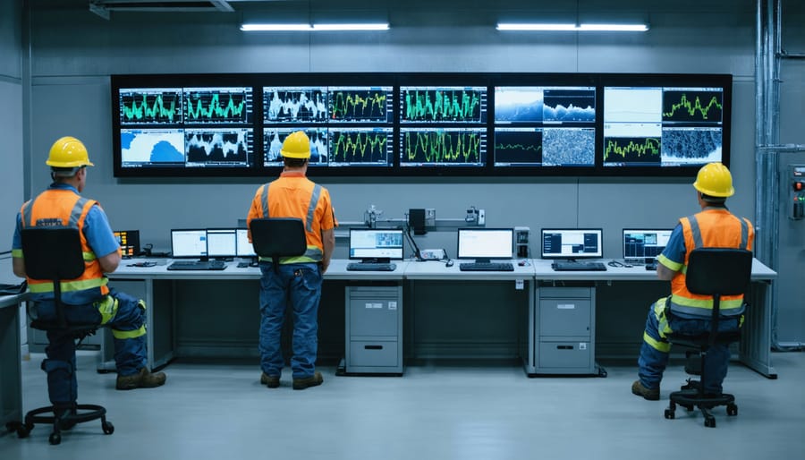 Team of technicians operating advanced control systems in WtE facility control room