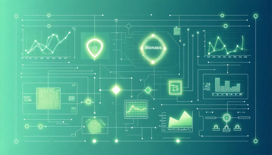 Digital interface showing machine learning algorithms optimizing biomass processing with dynamic data visualization