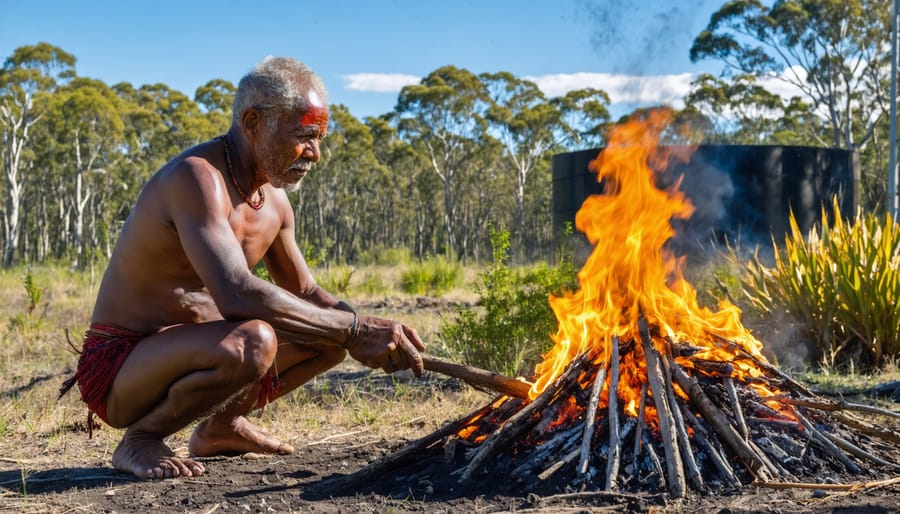 Aboriginal elder performs traditional fire management with a modern bioenergy facility in the background, illustrating the integration of Indigenous knowledge with contemporary energy technologies.
