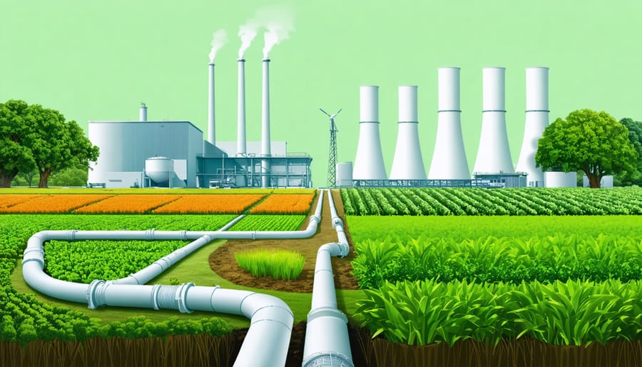 Illustration of Australia's agricultural fields connected to a BECCS facility, showing the journey from plant CO2 absorption to underground carbon storage.