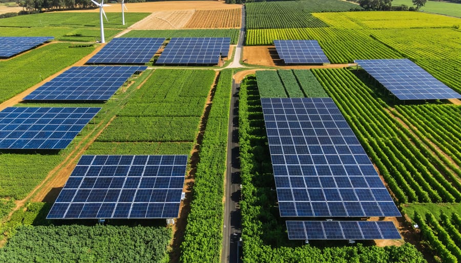 Aerial photograph of an Australian farm seamlessly integrating solar panels and crops, with wind turbines and native vegetation corridors throughout the landscape, illustrating sustainable agroecosystems.