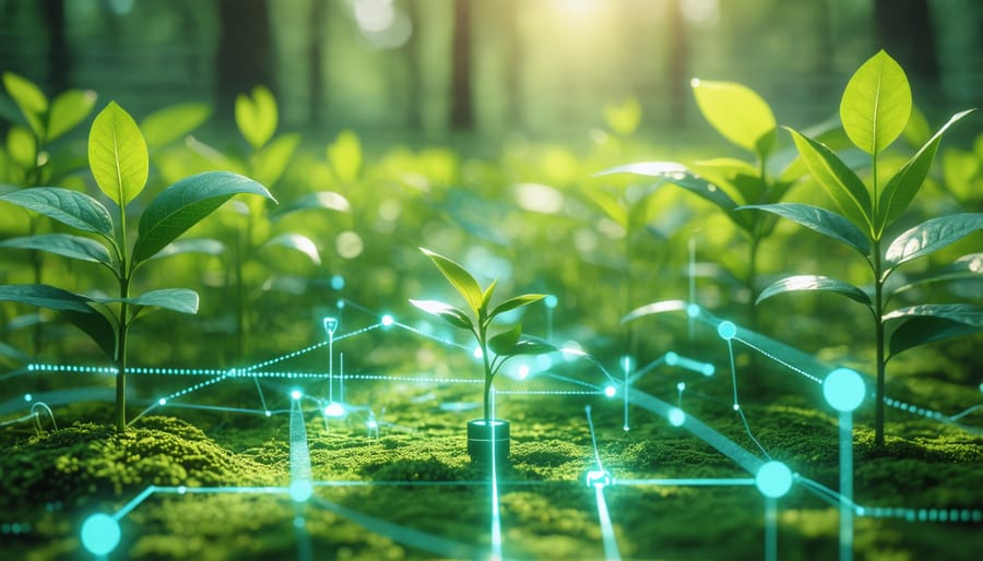 Modern Australian bioenergy plant with digital monitoring displays showing blockchain integration