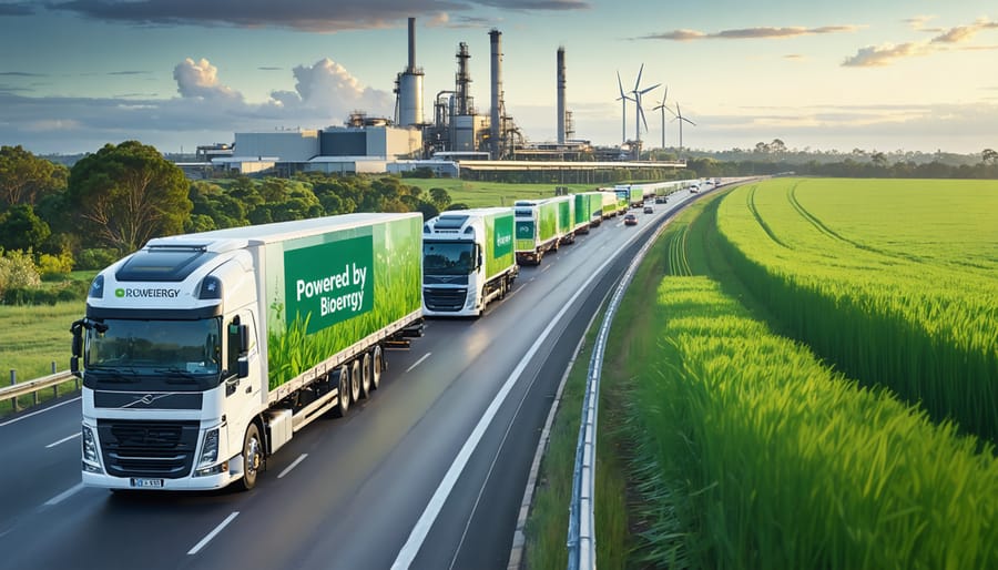 A futuristic Australian highway with vehicles powered by bioenergy, featuring trucks and buses with "Powered by Bioenergy" logos, a biofuel processing plant, and surrounding agricultural landscapes, symbolizing the transformation of organic waste into clean transport solutions.