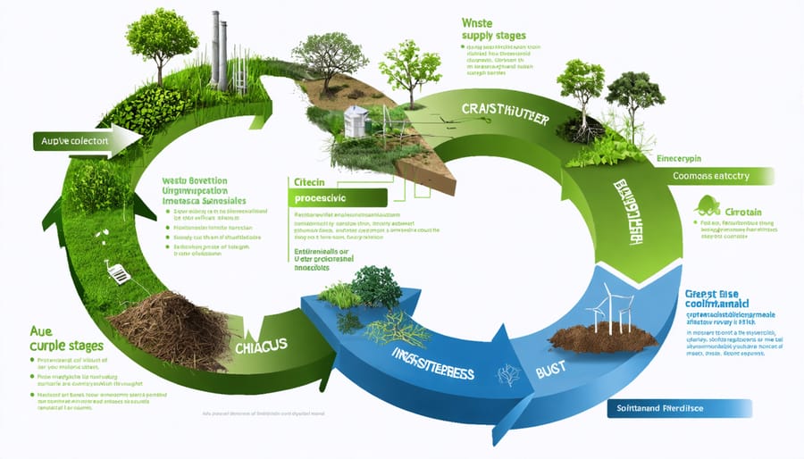 Conceptual diagram illustrating the Australian biomass circular supply chain, showcasing stages from waste collection and processing to resource reuse, with arrows indicating flow and regeneration.