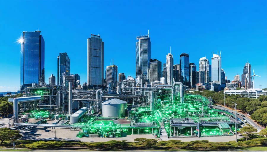 Futuristic cityscape of an Australian metropolis powered by clean energy with waste-to-energy facilities in the foreground, under a bright blue sky.