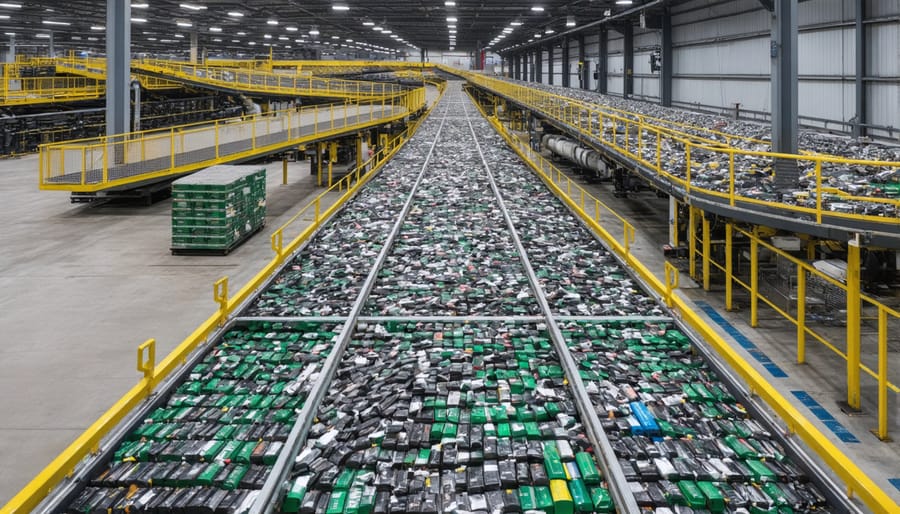 Industrial battery recycling facility with automated sorting machinery and conveyor systems