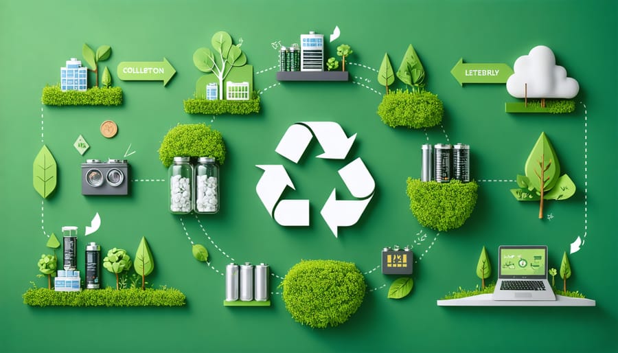 An illustrated flowchart showing the process of battery recycling, including collection points, classification, dismantling, and recovery of materials like lithium, cobalt, and nickel, emphasizing a circular economy in the energy sector.