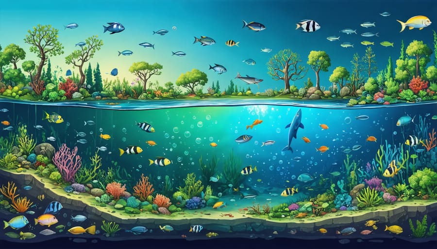 Conceptual illustration of a marine ecosystem cross-section showing various ocean zones from surface waters to deep sea, intertwined with visual elements representing bioenergy production impacts, such as agricultural runoff and thermal discharge, alongside thriving marine life including coral reefs and diverse fish species.