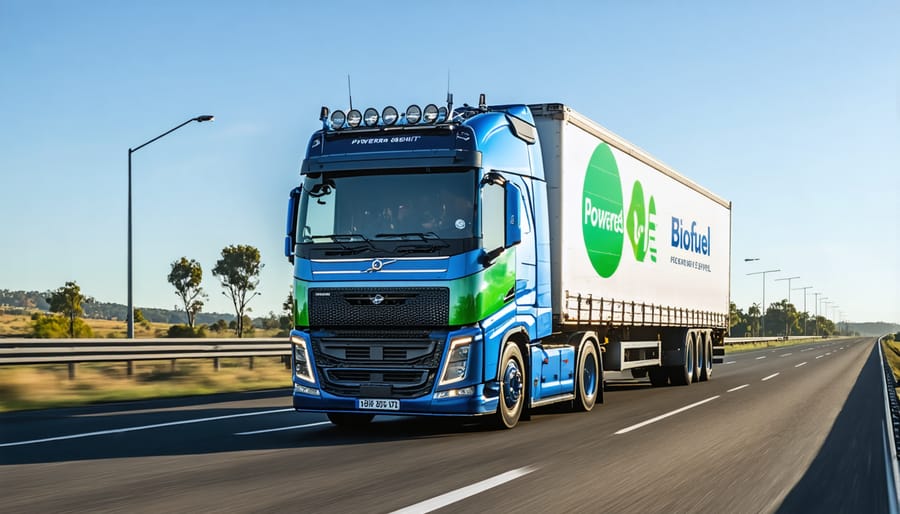 Heavy transport truck running on biofuel on Australian highway