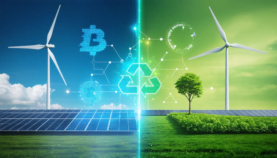 A conceptual representation showing the dual impact of blockchain technology, contrasting high energy consumption with clean renewable energy solutions, symbolized by solar panels and wind turbines integrated with blockchain icons.