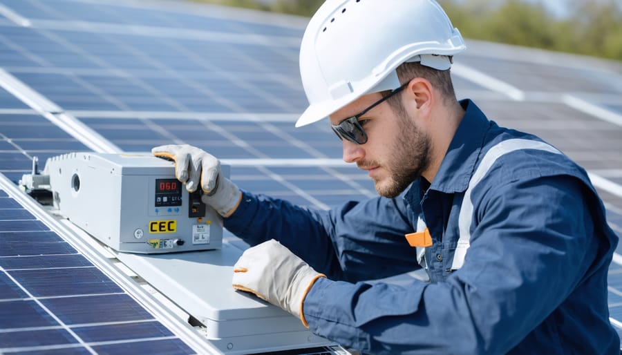 Solar technician installing certified inverter showing Australian compliance badges