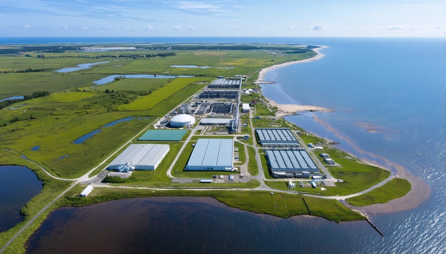 Aerial photograph of industrial bioenergy plant adjacent to coastal waters and estuarine ecosystem