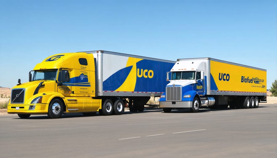 Fleet of trucks running on UCO biofuel with environmental sustainability branding