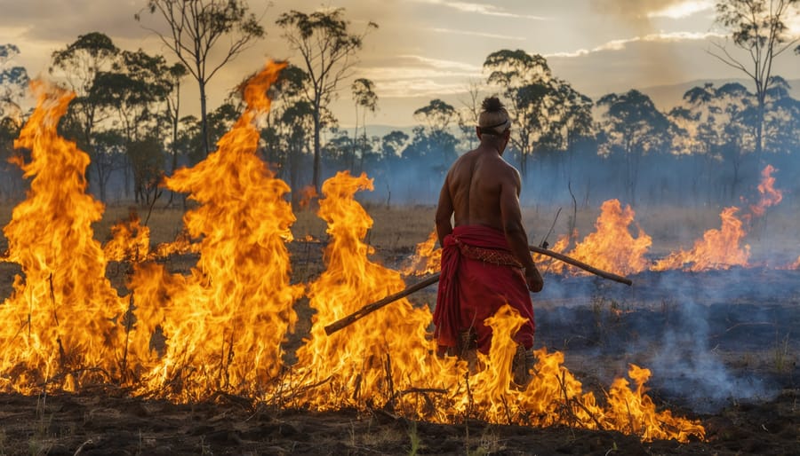 Indigenous rangers performing traditional cultural burning in Australian bushland