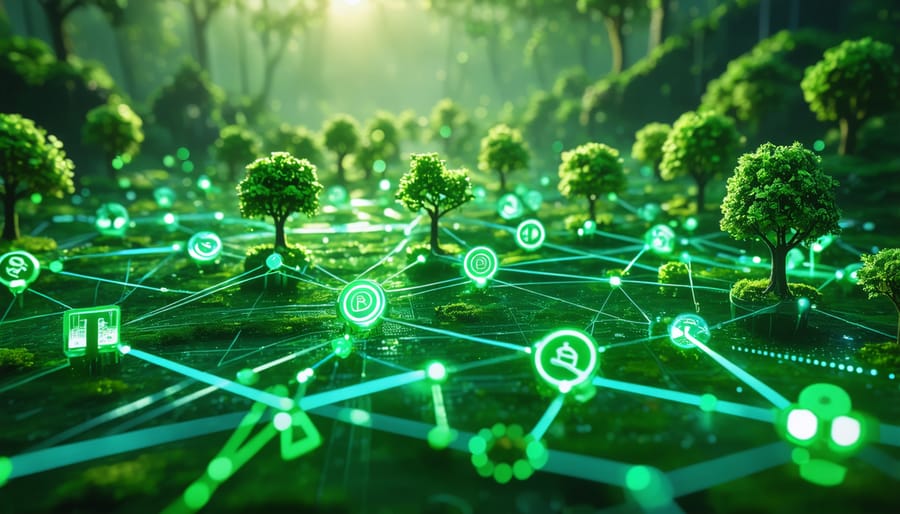 3D illustration of interconnected blockchain nodes with renewable energy icons