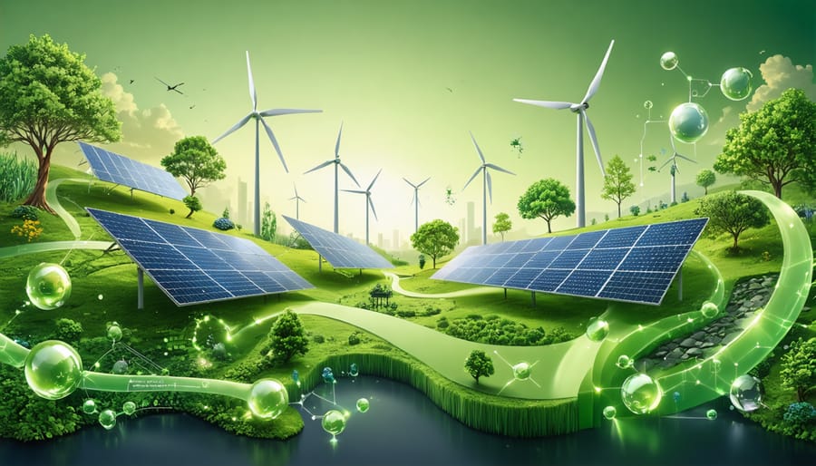 Conceptual illustration depicting the integration of green hydrogen and bioenergy technologies in Australia, featuring solar panels, wind turbines, and symbols representing hydrogen molecules in a harmonious energy cycle.