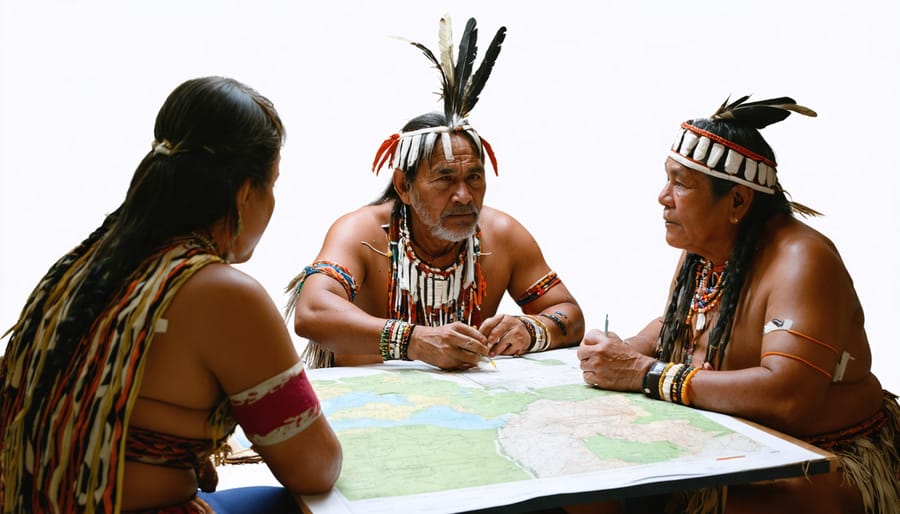 Group of Indigenous elders and energy project leaders examining environmental management plans