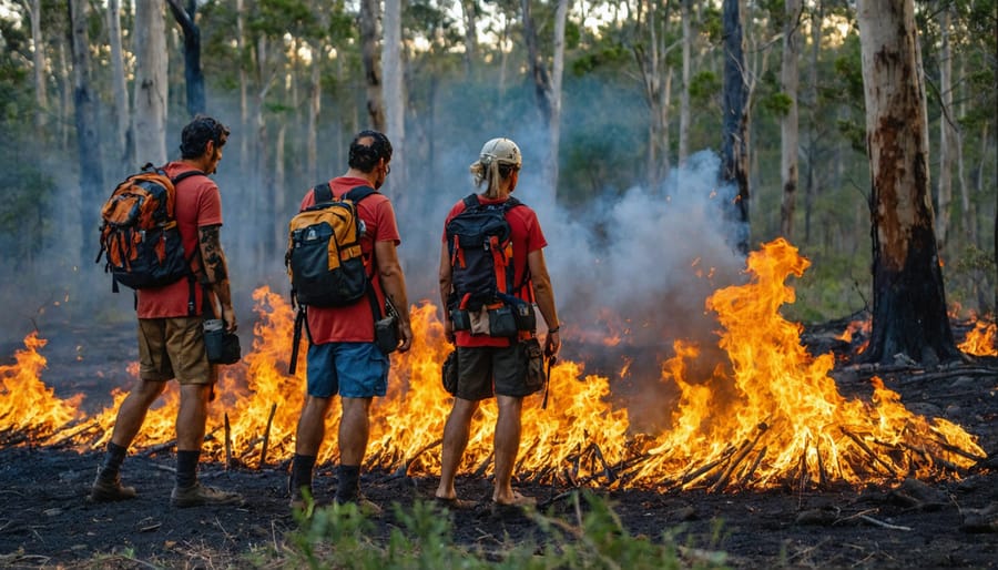 Indigenous rangers performing controlled burning using traditional methods in Australian landscape