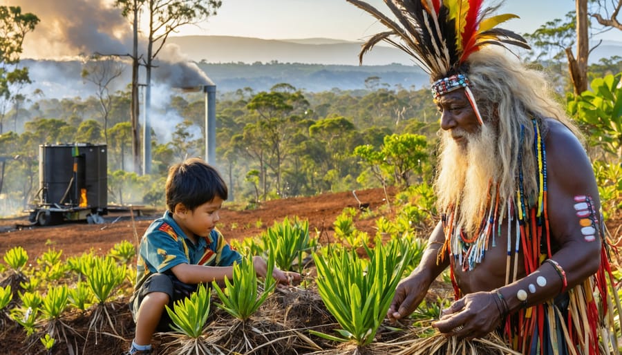 Indigenous elder and community member working together on native plant management, symbolizing the integration of traditional practices with modern bioenergy solutions in Australia.