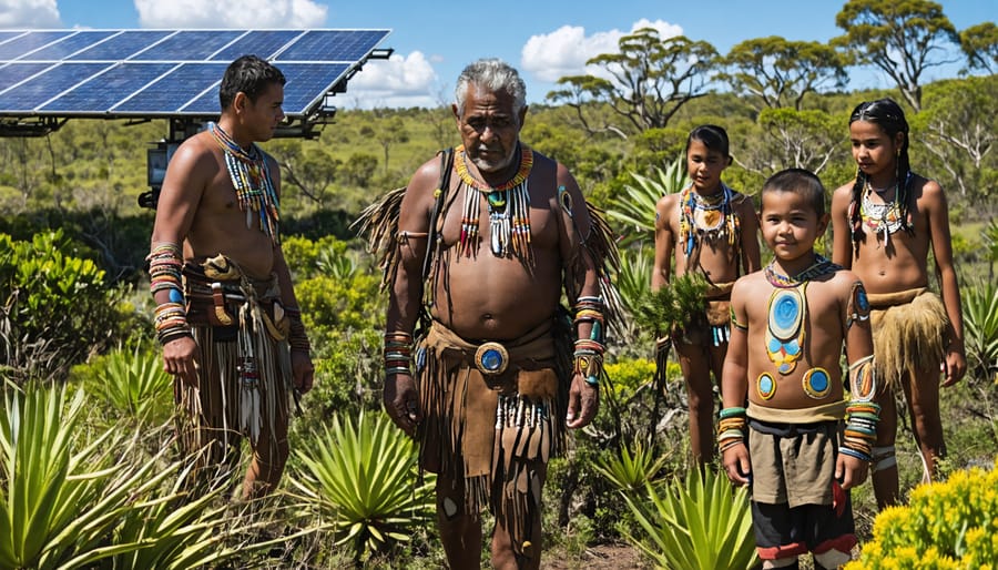 An Indigenous elder overseeing a group of young environmentalists in the Australian landscape, with a fusion of traditional ecological settings and modern clean energy technologies in the background.