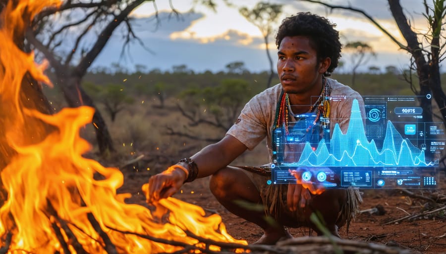 "Young Indigenous leader in the Australian Outback demonstrating traditional fire management combined with modern bioenergy technology, signifying the fusion of cultural wisdom and renewable innovation."