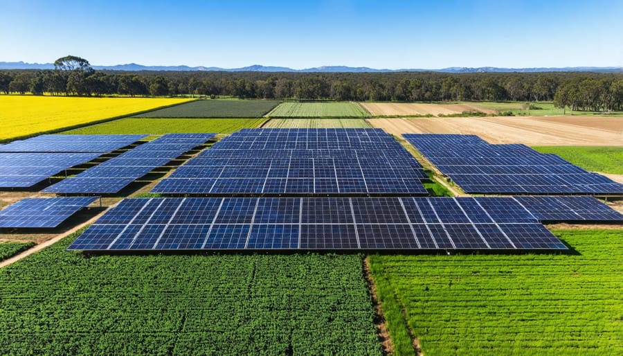 Aerial photograph of agricultural land with solar panels installed between crop rows