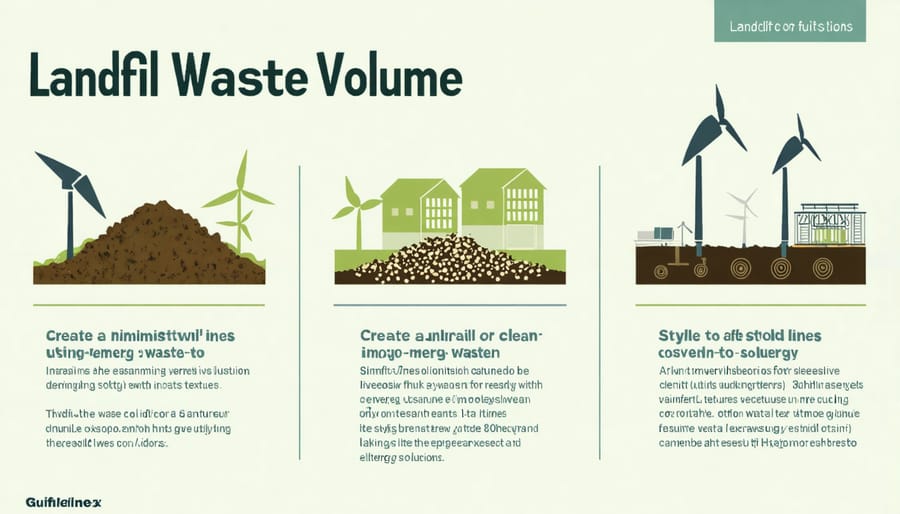 Visual comparison of waste volumes before and after waste-to-energy implementation with statistical data