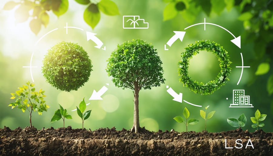 Conceptual diagram illustrating the life cycle sustainability assessment for bioenergy, showcasing the interconnected pillars of environmental protection, economic viability, and social responsibility, with visual elements of bioenergy and a backdrop of Australia's diverse landscape.