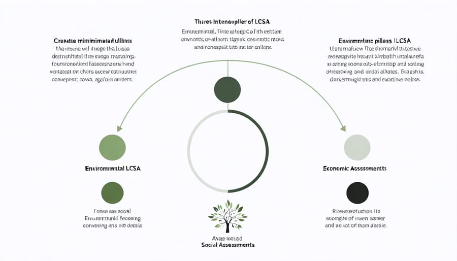 Infographic depicting the three pillars of Life Cycle Sustainability Assessment with connecting arrows