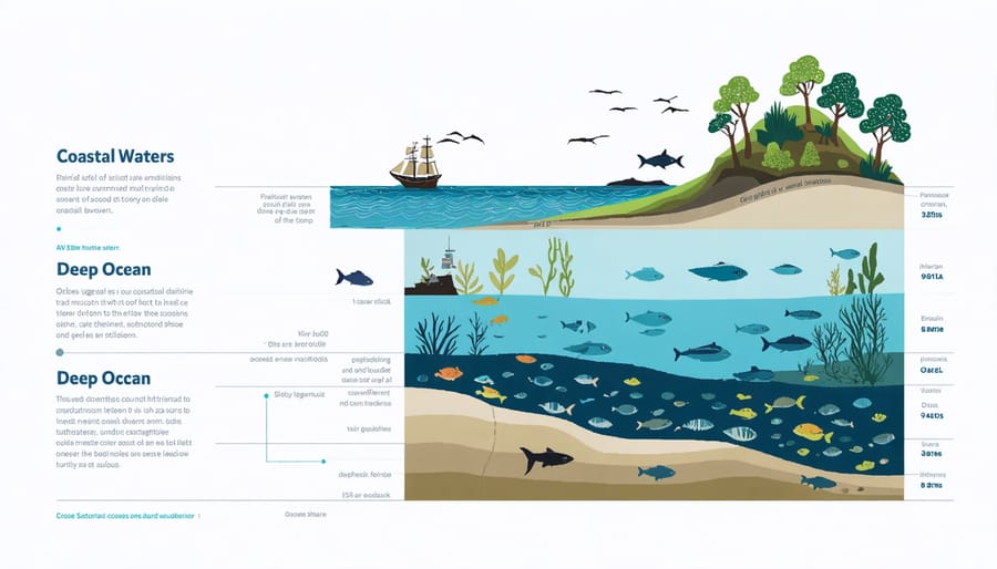 Illustrated cross-section of marine ecosystem zones showing coastal waters, continental shelf, and deep ocean regions