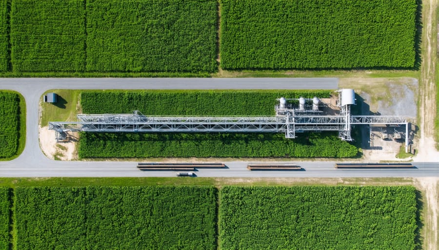 Bird's eye view of a sugarcane mill with carbon capture facilities and storage tanks