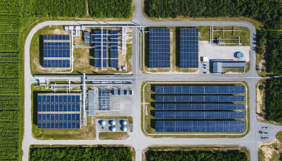 Bird's eye view of Queensland's hydrogen and bioenergy production facility with solar panels and processing units