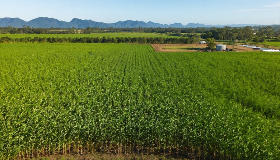 Bird's eye view of sugarcane fields connected to a modern bioenergy plant showing integrated agricultural-industrial infrastructure
