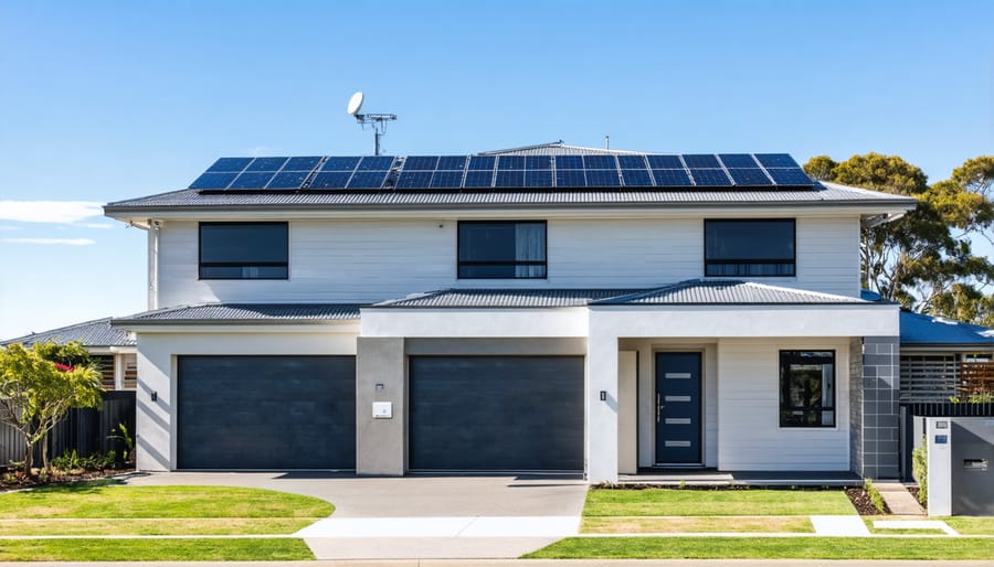 Residential house featuring solar panels and wall-mounted battery storage