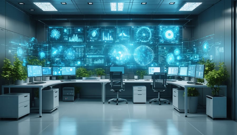 Modern bioenergy plant control center with advanced AI monitoring displays and control interfaces