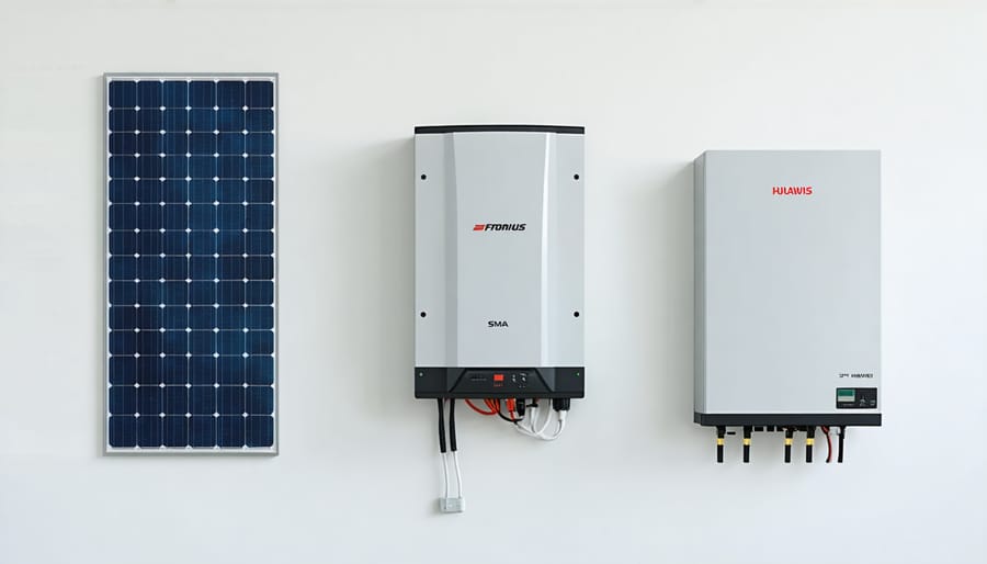 Display of modern solar inverters from leading manufacturers Fronius, SMA, and Huawei