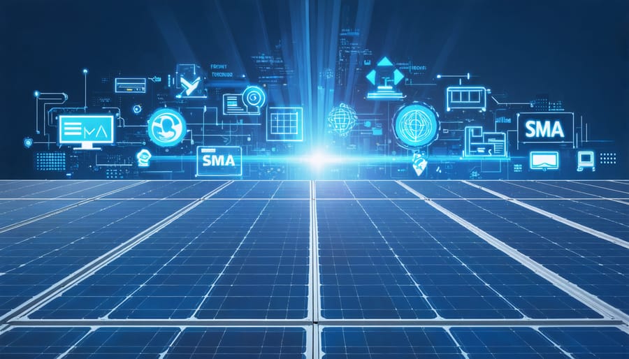 Conceptual illustration depicting leading inverter brands SMA, Fronius, and Huawei with abstract elements symbolizing innovation in solar technology.