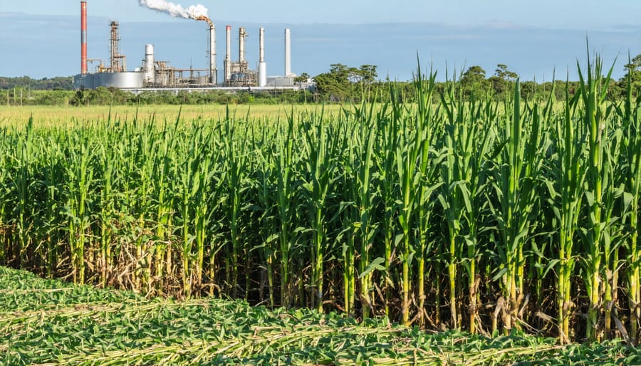 Sugar cane harvesting operation with bioenergy processing plant visible