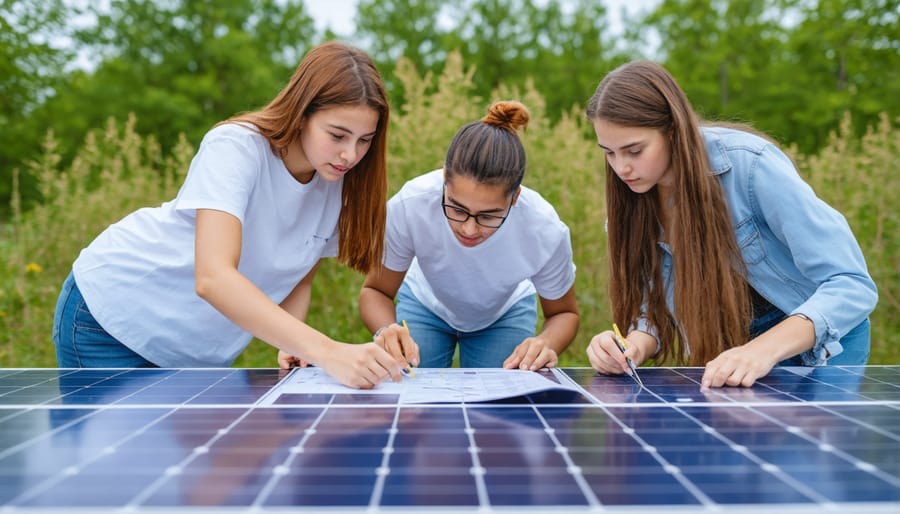 Group of diverse students working with solar panels and measurement equipment during a sustainability workshop