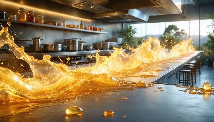 A conceptual illustration depicting the transformation of used cooking oil from Australian restaurants into biofuel, featuring a visual flow from kitchen to fuel tank with elements of the Australian landscape.