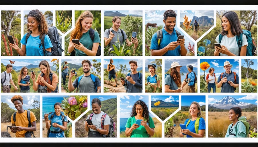 A diverse group of Australians participating in citizen science activities, using smartphones and exploring nature, depicting their collective effort in environmental conservation.