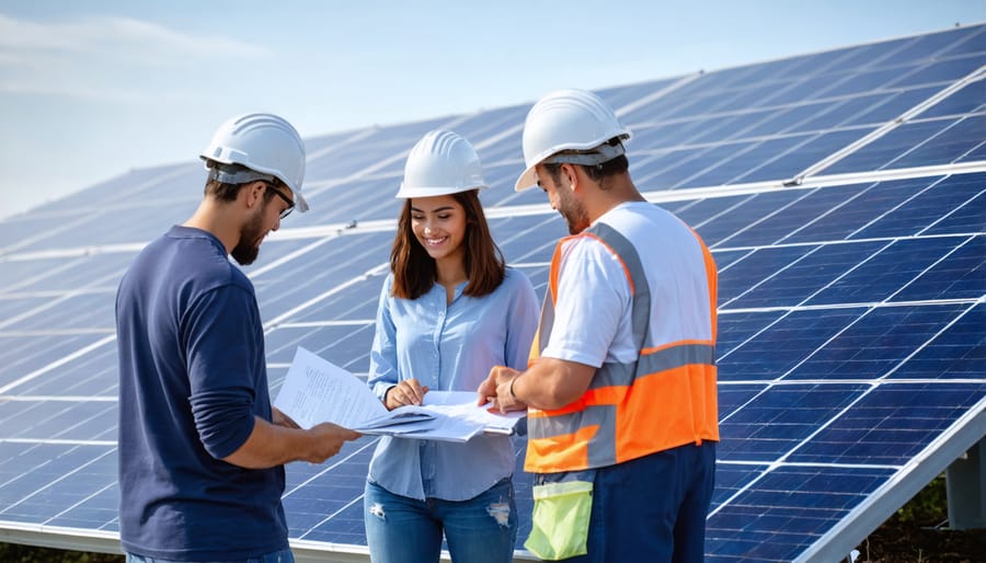 University students collaborating with local residents to install solar panels on a community building