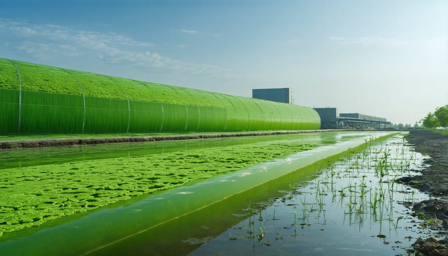 Aerial view of industrial algae cultivation systems showing green photobioreactors and cultivation ponds