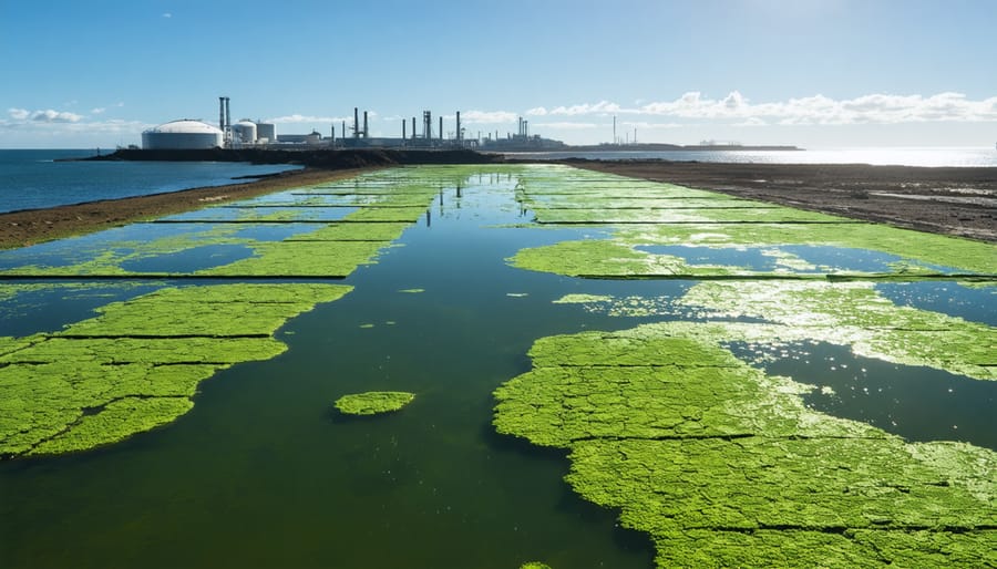 Futuristic algae biofuel production facility on the Australian coastline, featuring photobioreactors and open ponds against a sunlit landscape with industrial elements in the background.