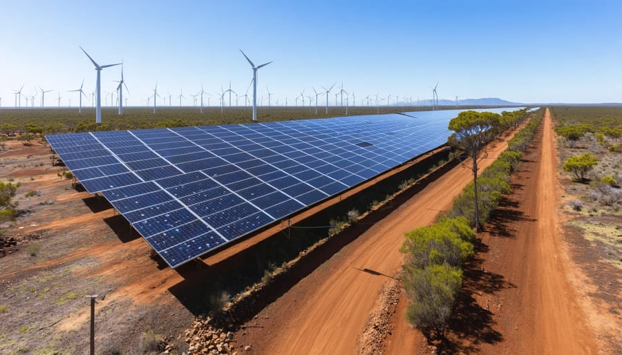 An expansive view of solar panels and wind turbines in Australia, connected by power lines to signify cross-border energy collaboration for sustainable development.