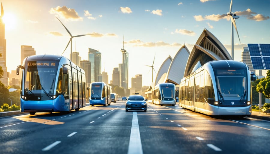 A futuristic Australian cityscape featuring electric vehicles and clean energy sources, with landmarks like the Sydney Opera House, symbolizing the transition to zero-emission transportation.