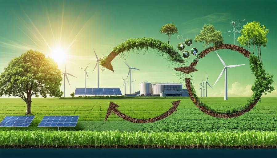 Conceptual illustration showing Australia's bioenergy carbon cycle with agricultural fields, a modern biomass plant, and renewable energy symbols, representing the country's path to zero carbon emissions.