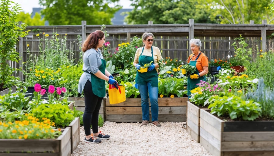 Diverse group of people tending to vegetables in a community garden setting