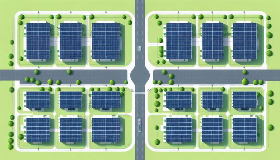 Bird's eye view of neighborhood-scale microgrid with solar installations and energy storage