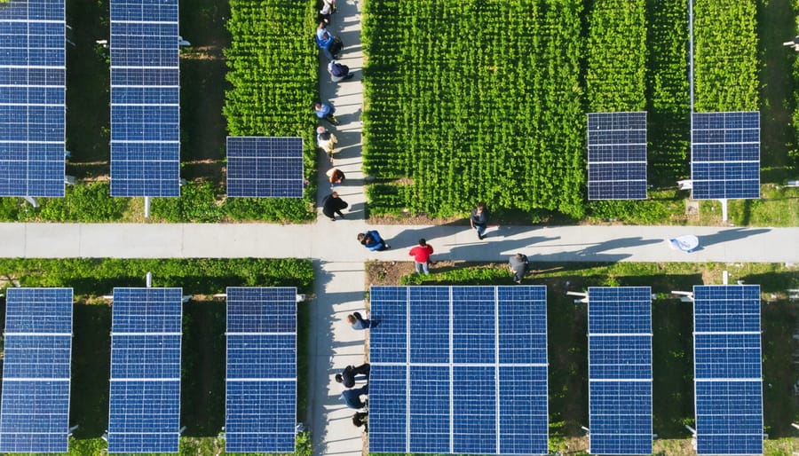 Community members learning about solar panels in a shared solar installation